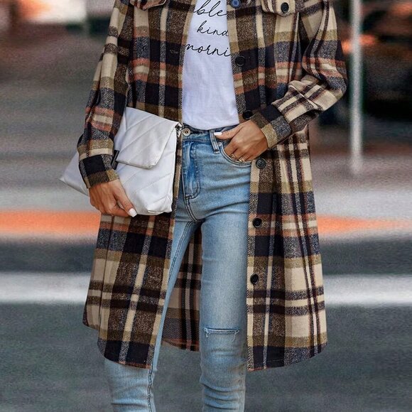 Navy Blue Elegant Women's Plaid Long Sleeve Button Up Shacket - Picture 4 of 4